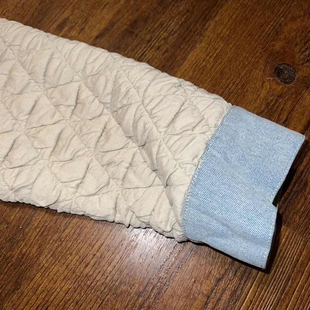 So Me Quilted Cream Button Up Light Blue Denim Trim Long Sleeve Jacket Size XL - Picture 8 of 12